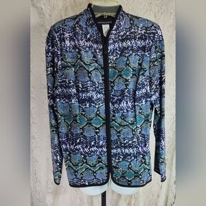 Addressing Woman front zip jacket sparkle dots Black Blue Print. NWOT
